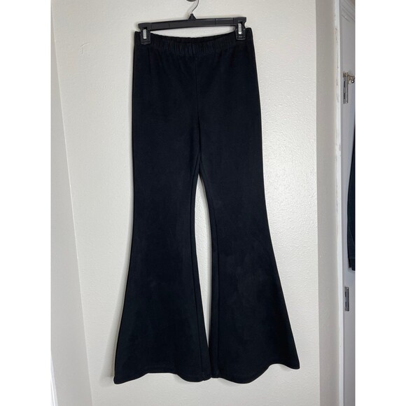Forever 21 Black Flare Pants M Y2K 70s Retro High Waist Bell Bottom Suede Style - Picture 1 of 6